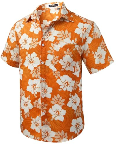 Rithern Chemises Hawaïenne Hommes Manches Courtes Été Chemise Orange Casual Plage Fête Fleurs Aloha Tahitienne avec Poche Avant L
