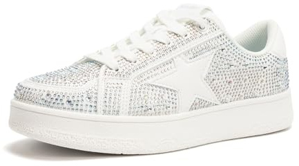 Niluber Star Sneakers for Women Low Top Comfortable Cushioned White Gold Sliver Leopard Platform Sneakers Lace Up Red Glitter Platform Party Shoes(White Rhinestone,11)