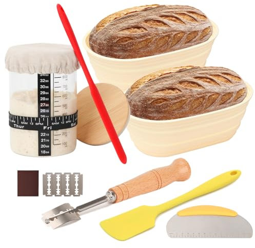 HOXHA Sourdough Bread Baking Supplies, Bread Proofing Basket Making Supplies Tool, set of 2 10inch Oval Bread Proofing Basket, 1000ml Sourdough Starter Jar