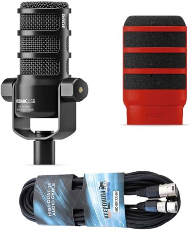 Rode Podmic - Micrófono para podcast (USB, XLR, con protección Pop, WS14R, cable XLR, incluye cable keepdrum XLR)