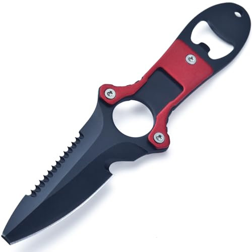 JPCRMOV Tauchermesser mit gezackter Klinge und Nylonscheide, Beinschlaufe, multifunktionale Werkzeuge für Tauchausrüstung, Taucher, Jäger, Camper und Freitauch-Enthusiasten (Schwarze Klinge)