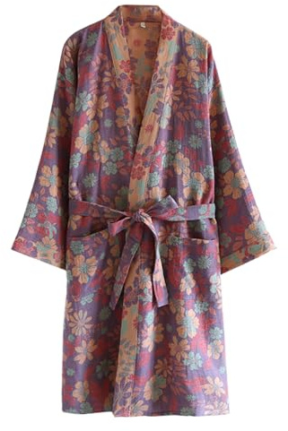 Camisón de algodón de doble gasa tradicional Hanfu de longitud media con estampado de cinturón de corbata, pijama suelto, cómodo camisón para sudar, traje de sauna Yukata, ropa de dormir para mujer,