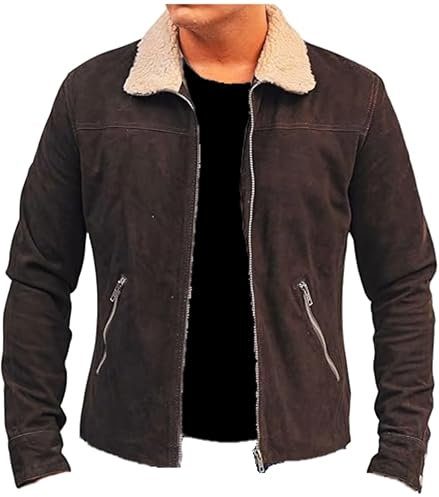 PROMENADE CHIC Negan WD Rick Grimes fuskpäls sherpa läderjacka, Brun - Mockajacka herr, XXS