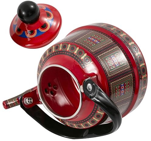 Hoement Vintage Enamel Teapot 1.7l Retro Red Polka Dot Stove Top Kettle for Loose Tea and Coffee, Enameled Water Boiling Pot for Household, Tea House, and Restaurant Use