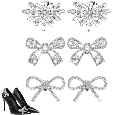 SHYSBV 6Pcs Elegant Shoe Clips Charms - Silver Rhinestone & Bow Decor for Women's Heels, Wedding, Party (2 Large/2 Small Bows + 2 Rhinestone)