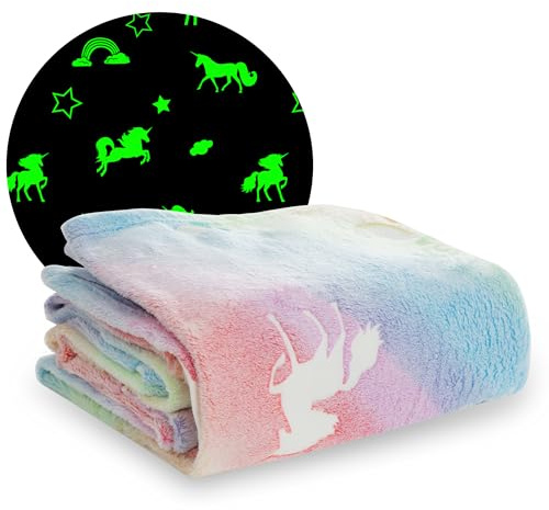 Winthome Glow in Dark Blanket, Soft Flannel Fleece Stars Blanket, All Season Throw Blanket for Kids (Colorful Unicorn, 130x170cm)