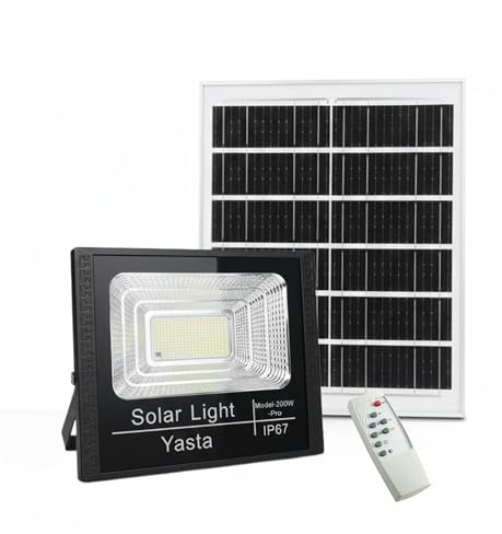 YASTA Faretto LED da Esterno Solare 200W PRO Faro LED SMD Alta Luminosità con Pannello Solare Sensore Crepuscolare e Telecomando IP67 Luce Fredda Indicatore di Carica Giardino Garage Cortile