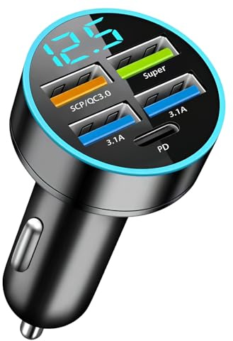 Chargeur De Voiture Double USB 66w/3.1A, 5 Ports Allume Cigare USB Prise Chargeur Telephone Voiture Rapide QC3.0 avec LED Voltmètre Compatible avec Phone Samsung Xiaomi Android Type-C