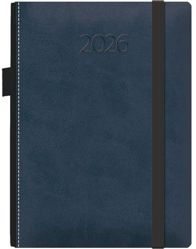 Dohe - Dagbok 2026 – Sida dag, A5 (15 x 21 cm), mjukt PU-läder hårt omslag, elastisk gummiförslutning, sidopennhållare, bokmärken, årlig spansk planerare - Melbourne blå