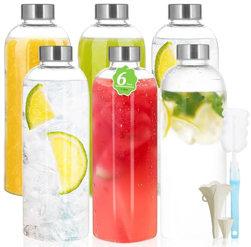 Glasflaskor Med Lock,Tom Glasvattenflaska,1 Liter,6 Stycken,Vatten,Smoothies,Glasflaska Med Skruvkork,Juiceflaska För Juicing Och Kalla Drycker