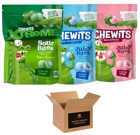Juicy Bites – Blue Raspberry, Apple, Lemon Sour | Fruity Chewy Sweets Candy Bars | Soft & Juicy Chews for Kids & Adults | Natural Flavour (Chewits Mix Assorted - 115g x 3Pack)