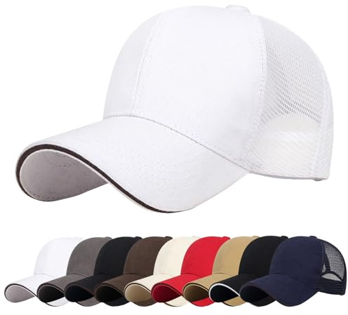 Tiakay Unisex Baseball Cap with Mesh Back - Adjustable Snapback, UPF 50+ UV Protection, Breathable Summer Sun Hat for Outdoor, Golf, Travel, Hip Hop Style (White)