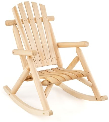 COSTWAY Fauteuil à Bascule Adirondack Exterieur Interieur, Rocking Chair en Bois Massif, Siège Incurvé, Haut Dossier Éventail, Chaise pour Jardin Terrasse Balcon, Charge 150 kg, 99 x 68 x 99 cm