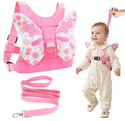 Baby Walking Harness, Pink Anti-Falls Toddler Reins for Walking 1-3 Years, Backpack Reins with Butterfly Wings, Adjustable Safety Toddler Harness for Walking