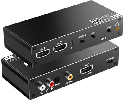 YUEHISY HDMI Switcher, 2 in 1 Out med Ljudextraktor, ARC DTS Digital Audio, HDMI2.0 HDCP2.2, 4K@60Hz, Auto Detection, LED-indikator, för HDTV