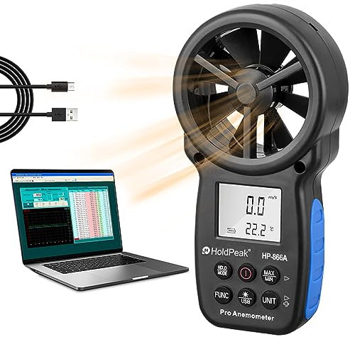 HoldPeak HP-866A Anemometro Digitale Portatile Connessione USB, Misuratore CFM Misura velocità del Vento + Temperatura + Punto di Rugiada + Flusso d'Aria con Conservazione dei Dati e umidità Relativa