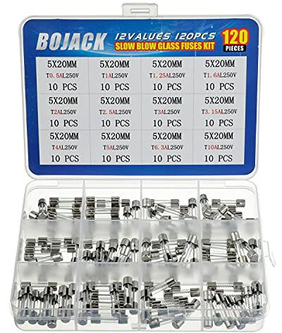 BOJACK 12 Valori 120 pezzi Fusibili in vetro a soffiaggio lento Kit assortimento 5x20mm 250V T0.5A 1A 1.25A 1.6A 2A 2.5A 3A 3.15A 4A 5A 6.3A 10A Confezione in una scatola di plastica trasparente
