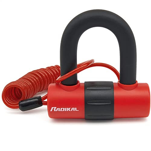 RADIKAL RK72 Motorrad Mini Bügelschloss 14mm Doppelfunktion, Bremsscheibenschloss oder Vorhängeschloss, Motorradschloss Erinnerungskabel, Universal Scooter Motorrad