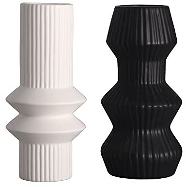 TERESA'S COLLECTIONS Bloomingville Vase weiß schwarz Zylinder Geometrische Blumenvase Moderne Tischvase Blumenpflanzenvase Steingut Vasen Wohnkultur Wohnzimmerdekoration 2er Set 21.5 cm