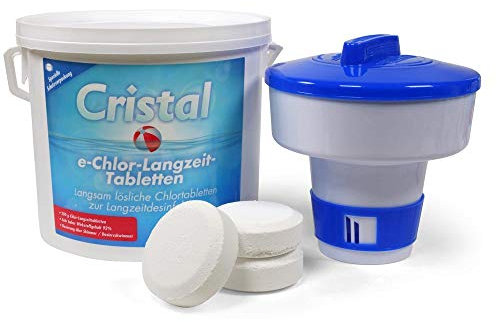 Cristal Chlor-Langzeit-Tabletten 200 g - 5 kg Eimer mit Dosierschwimmer - Langsam löslich für Pools ab 20 m³ - Hoher Aktivchlorgehalt - Langzeitdesinfektion