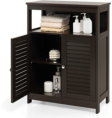 COSTWAY Bathroom Storage Cabinet, Wooden Side Storage Organizer with Louver Doors & Removable Shelf, Freestanding Floor Cabinet for Living Room, Kitchen, Entryway (Brown)