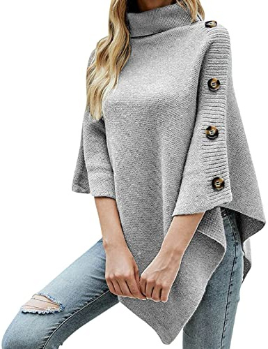 Pull à col roulé pour femme - Cape en tricot - Manteau châle - Poncho en tricot avec tricot décoratif - Écharpe enveloppante, 03-gris, taille unique
