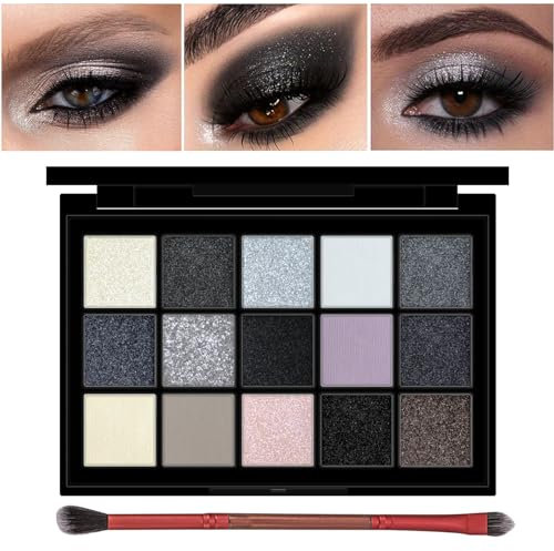 Erinde Schwarz Smoky Lidschatten Palette, Black Matte Glitter Eyeshadow Palette, Gothic Grau Liedschatenpalete in 15 Farben, Wasserfester & Langanhaltendes Eye Makeup Set (1Pinsel)
