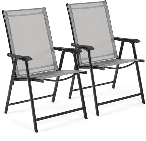 Yaheetech Folding Garden Chairs with High Back, Steel Frame, 2-Pack, Grey | Chairs with Backrest and Armrests | Portable & Compact Storage | Portable Compact Storage | For Home, Office, Dining, Event