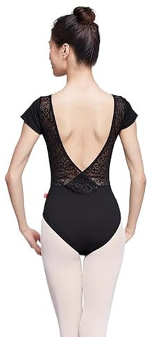 HEARTTOUCH Gymnastikbody Damen Turnanzug Turntrikot Kurzarm Ballett Tanzbody Spitze Trikots Bodysuit Rückenfrei Gymnastikanzug Tanzbekleidung (Schwarz,S)