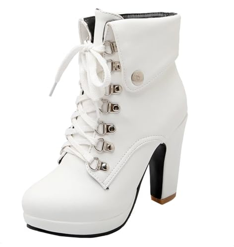 HSyc JRX Mujer Tacones altos Tacón bloque Botines con cordones y plataforma Botas Zapatos, Blanco, 37 EU