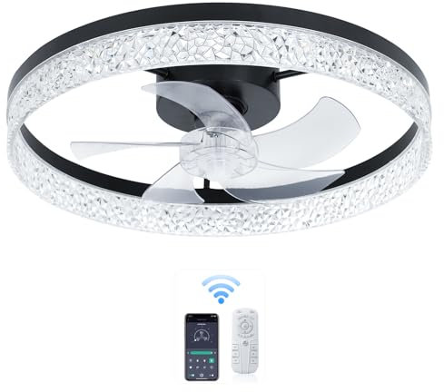 Zahala Battery Ceiling Fans with Lights and Remote/APP, 6 Speeds Dimmable Modern Smart Fan Light, 50CM Low Profile LED Ceiling Fan, Reversible Remote Control, for Bedroom and Living Room