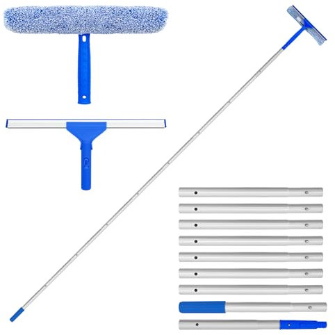 Newthinking Long Window Cleaning Pole 10FT, High Glass Squeegee Cleaner Tool Kit with Extra Long Handle, Extendable Window Washing Squeegee and Scrubber Cleaning Equipment