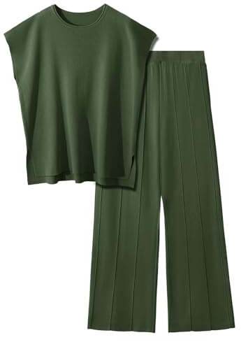 PASUDA Träningsoverall för dam sommar elegant 2-delat set stickad ledig ärm utan rund hals pullover topp elastisk midja byxor breda ben hem set