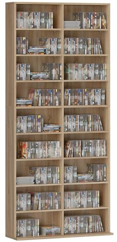 HOMCOM 640 CD/360 DVD Aufbewahrungseinheit, Blu-ray Medien-Speicherregal mit 18 Fächern und 14 verstellbaren Regalen, CD-Turm für Wohnzimmer, Schlafzimmer, Büro, Naturholz-Finish