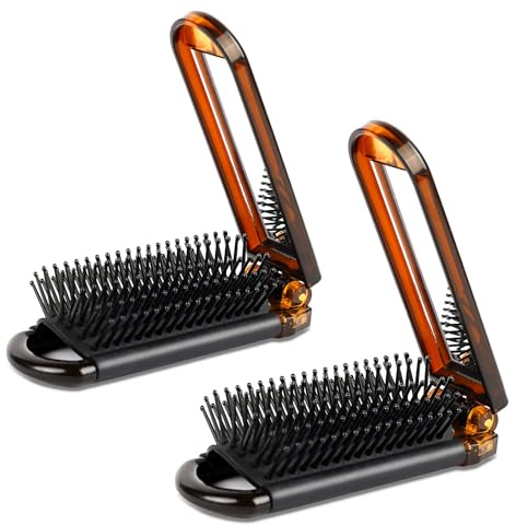 2 Pcs Folding Travel Hair Brush with Mirro, Travel Hairbrush Compact Portable Pocket Brushes Hairbrush Massage Comb Mini Brushes for Women Men Styling Tools for Gym, Bag, Purse (Amber)