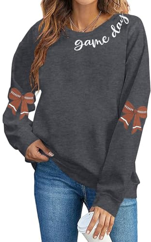 DUTUT Game Day Sweatshirt Women: Cute Football Bow Graphic Pullover Tops Casual Football Season Long Sleeve Shirt