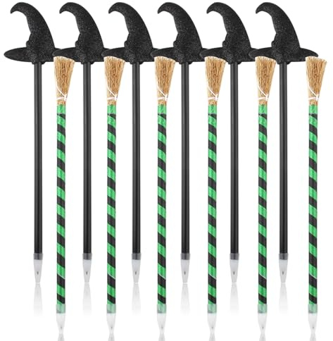 12 Regalos de Fiesta de Halloween, 6 Bolígrafos de Escoba Bruja a Rayas y 6 Bolígrafo Sombrero de Bruja Negro, Juego de Decoración de Fiesta de Bruja para Halloween Cumpleaños Fiesta Artículos