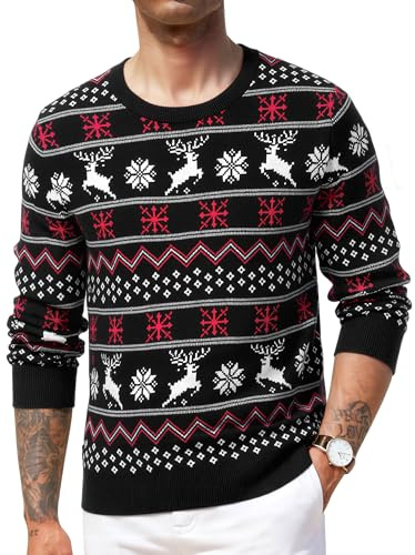 Crewhpo Suéter Navidad Hombre Jersey Navideño de Cuello Redondo de Manga Larga Reno Pullover de Punto para Otoño Invierno