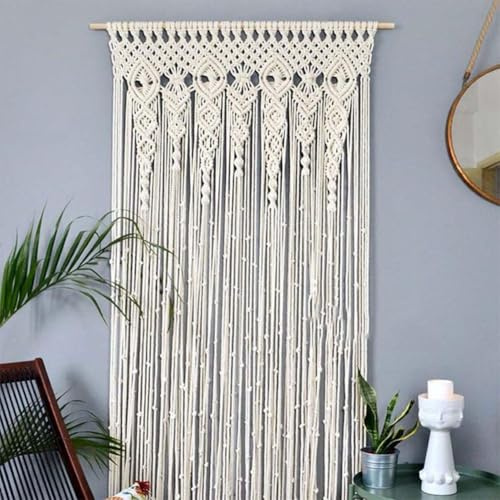 Honseadek Tenda da porta in cotone, arazzo da parete, in pizzo bohémien, macramè, divisorio per stanza o arco, beige, 90 x 180/95 x 200/100 x 200 cm