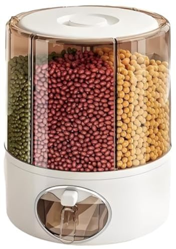 Contenedor de almacenamiento de granos giratorio de 360°, dispensador de arroz transparente de 6 compartimentos con salida de un clic, organizador hermético de alimentos secos para arroz, legumbres