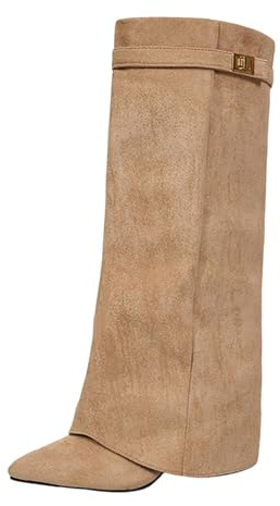 Generisch Bottes pour femme Shark Bottines Slouchy - Bout pointu - Talon plateforme - Tige longue - Genoux - Hiver - Chauds - Cuir confortable - Bottes médiévales, kaki, 41 EU