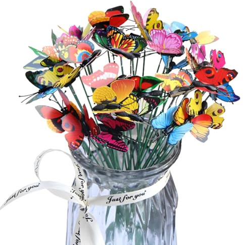 AEKZOX 50 pezzi Pali della Farfalla del Giardino, Impermeabili 3D PVC Colorate per Decorazioni da Giardino, Esterni Cortile Terrazza Fioriera Vaso di Fiori, Farfalle Decorative Kit (4CM) (Colorato)