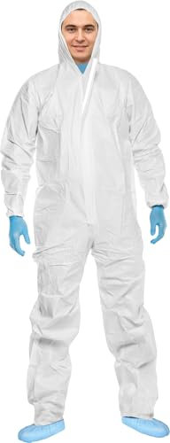ACE CoverX Arbeits-Overall mit Kapuze - Einweg-Schutzanzug für die Arbeit - gegen Chemikalien & Partikel - Weiß - L