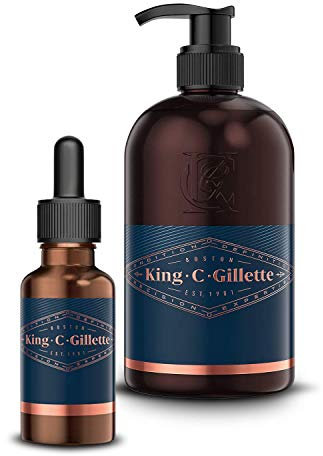 King C. Gillette Gel para Barba y Rostro con Agua de Coco, Aceite de Argán y Aceite de Aguacate, 350 ml + Aceite para Barba Hombre con Aceites de Origen Vegetal, 30 ml, Regalos Originales para Hombre