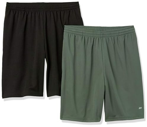 Amazon Essentials Short d’Entraînement pour Le Basket-Ball et la Gym en Tissu Technique Performant, Coupe Ample Homme, Lot de 2, Noir/Vert Olive, M