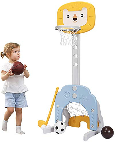 COSTWAY Basket per Bambini Centro attività Multifunzione - Palla Canestro, Calcio e Golf, Mazza da Golf e Palle incluese, per Bambini, Altezza Regolabile (Leone Giallo)