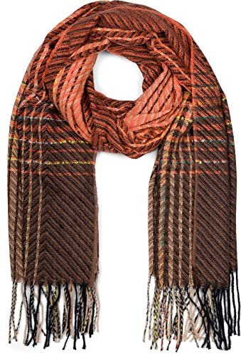 styleBREAKER Damen Feinstrick Schal mit bunt gestreiftem Zick-Zack Muster und Fransen, warme Winter Stola mehrfarbig 01017149, Farbe:Orange-Braun