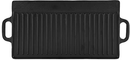 Non Stick Cast Iron Grill Griddle Pan, Large Grill Pan Ridged and Flat Double Sided Baking Cooking Tray with Dual Handles, Flat and Ridged Pre Seasoned Reversible Grilling Plate Grill Plate Tray