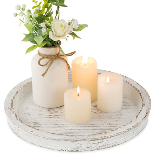 Hanobe Kerzenständer Holz Deko Tablett: Rund Holztablett Vintage Kerzenteller für Tischdeko - Rustikal Weiß Klein Dekotablett Kerzentablett für Wohnzimmer Tisch