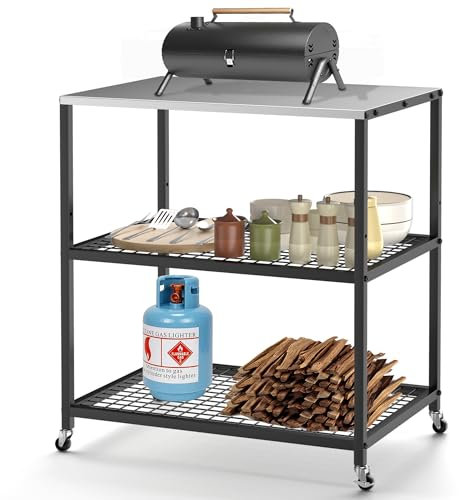 Homezelle Carrello per barbecue da esterno a tre ripiani con ruote in acciaio inossidabile mobile per forno per pizza carrello per preparazione degli alimenti e carrello da lavoro tavolo 80 x 61 x 89